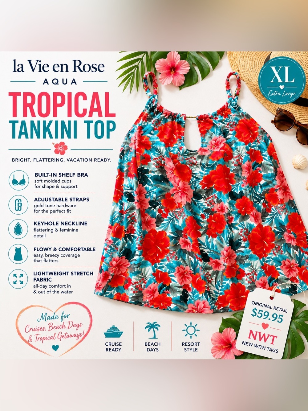 La Vie en Rose Aqua Tropical Floral Tankini Swim Top NWT XL